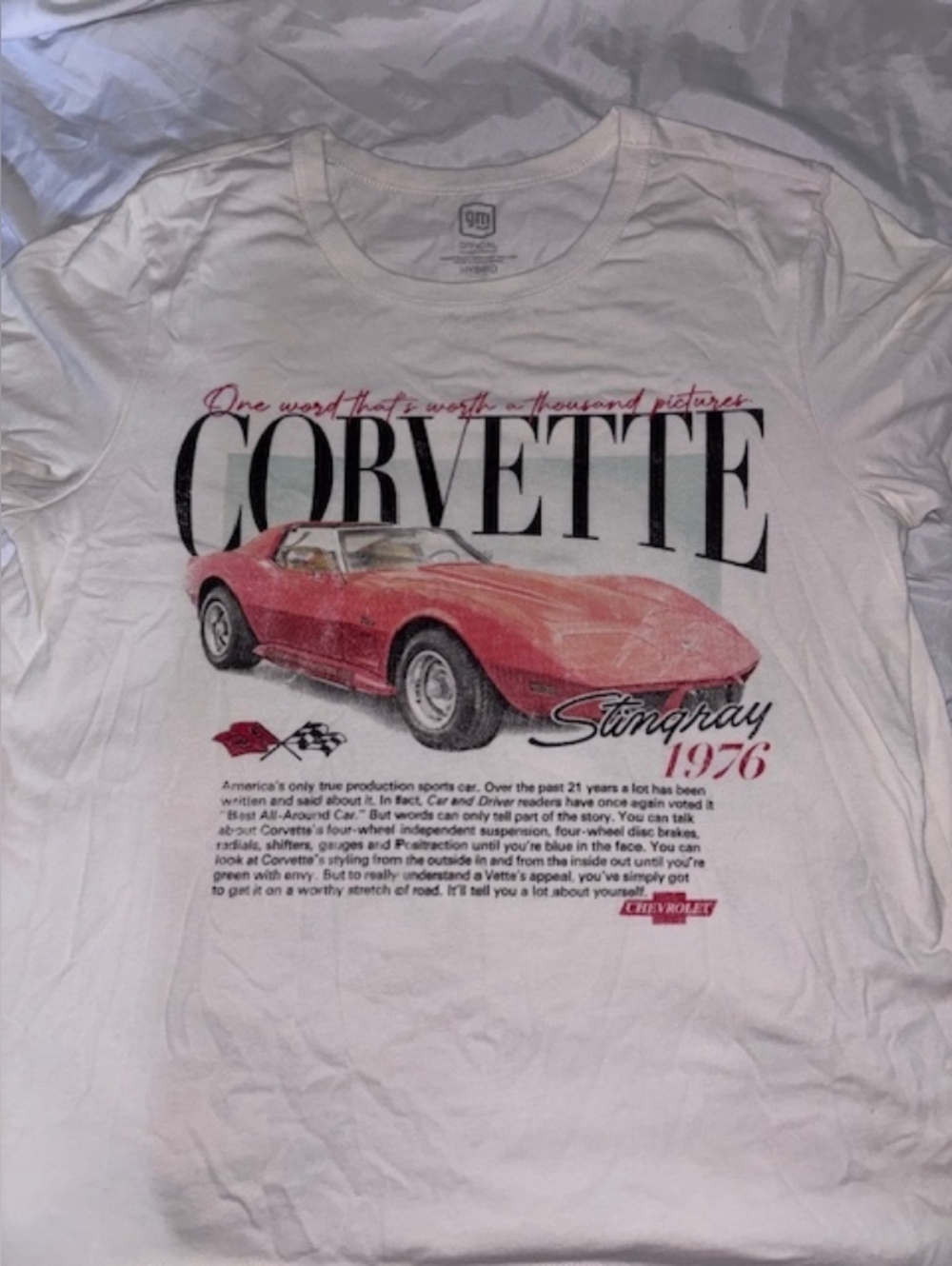 Hybrid Apparel White Tee with Red Script Graphic